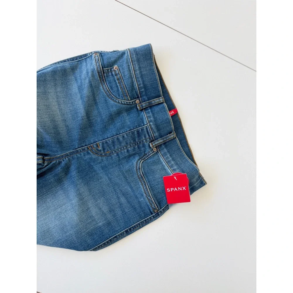 Spanx Ankle‎ Straight Leg Jeans Medium Wash High Rise Pull On Denim Blue Sz Xs